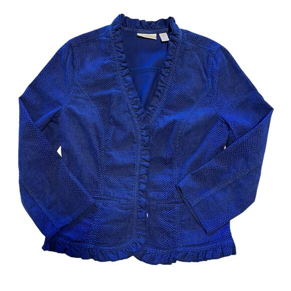 Chicos, 0, Royal Blue textured, V-neck Button Ruffled Jacket - Picture 4 of 11
